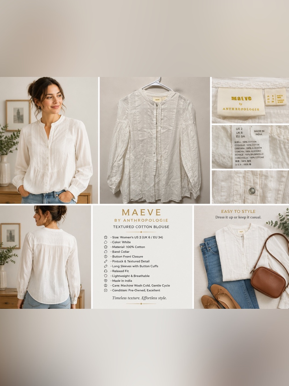 Maeve Anthropologie White Textured Cotton Peasant Blouse Women's US 2